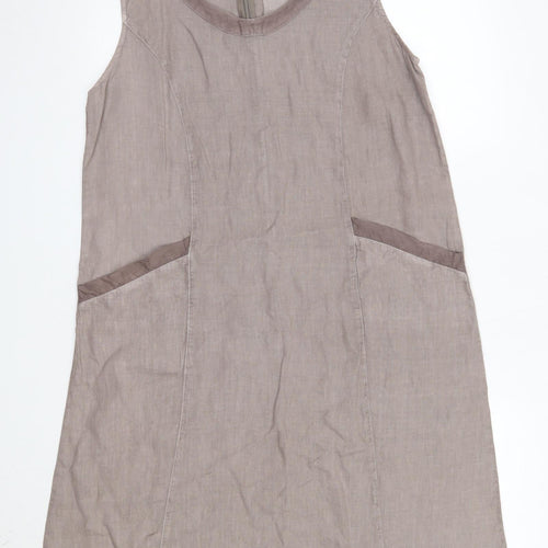 Pounou Womens Brown  Linen A-Line  Size L  Round Neck