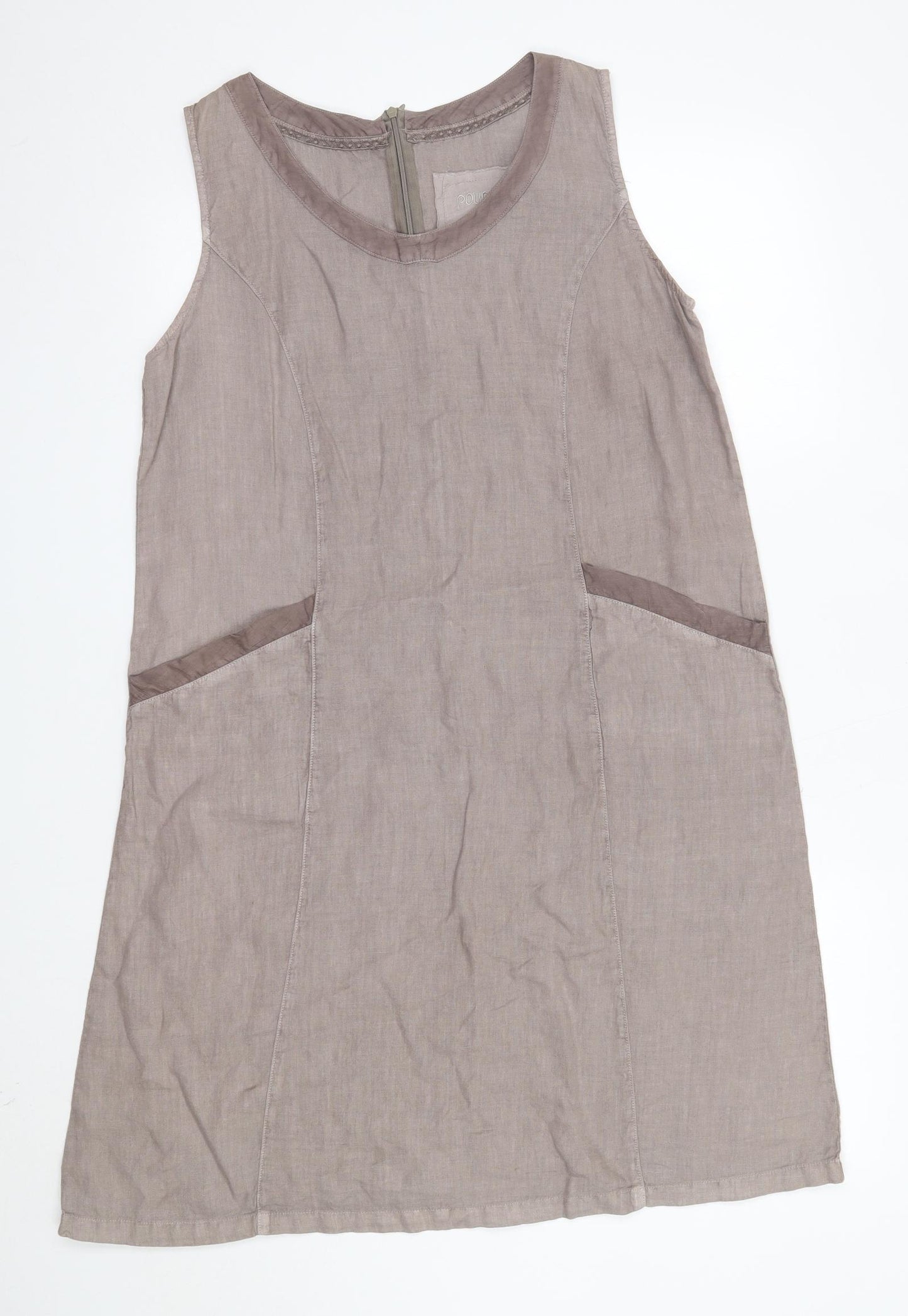 Pounou Womens Brown  Linen A-Line  Size L  Round Neck