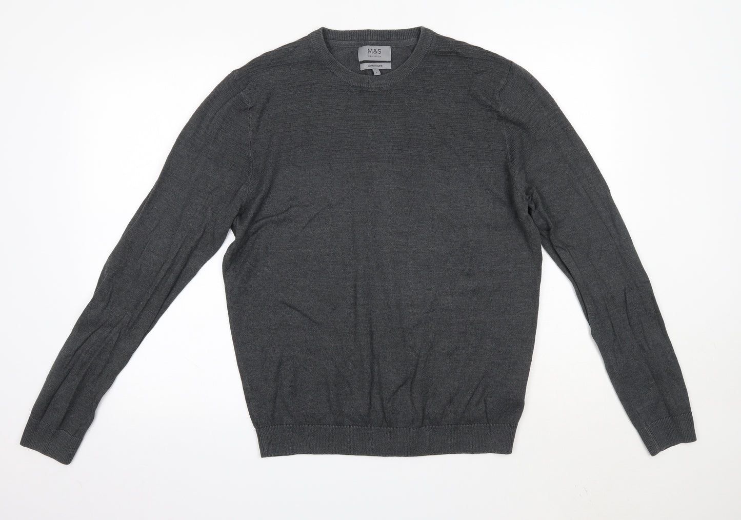 M&S Mens Grey Round Neck  Cotton Pullover Jumper Size L