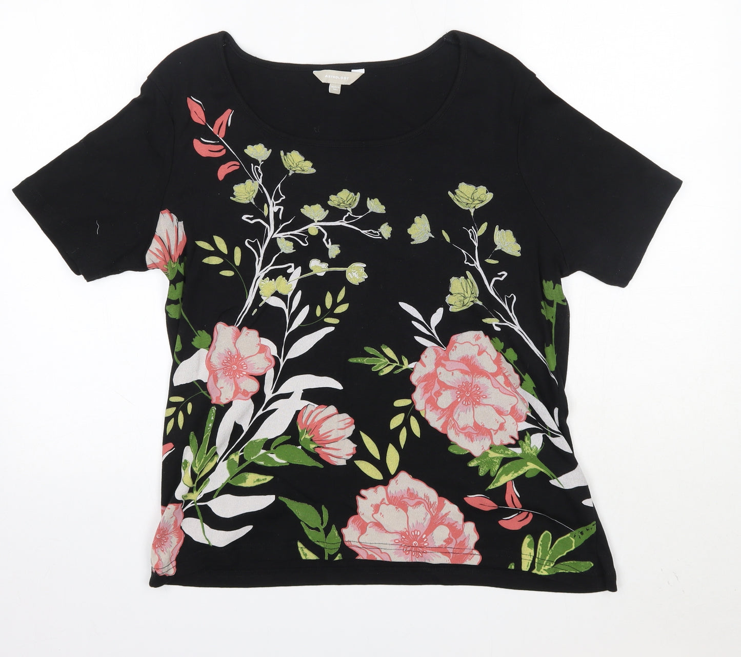 Anthology Womens Black Floral 100% Cotton Basic T-Shirt Size 16 Round Neck