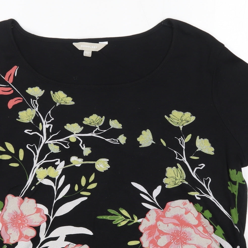 Anthology Womens Black Floral 100% Cotton Basic T-Shirt Size 16 Round Neck