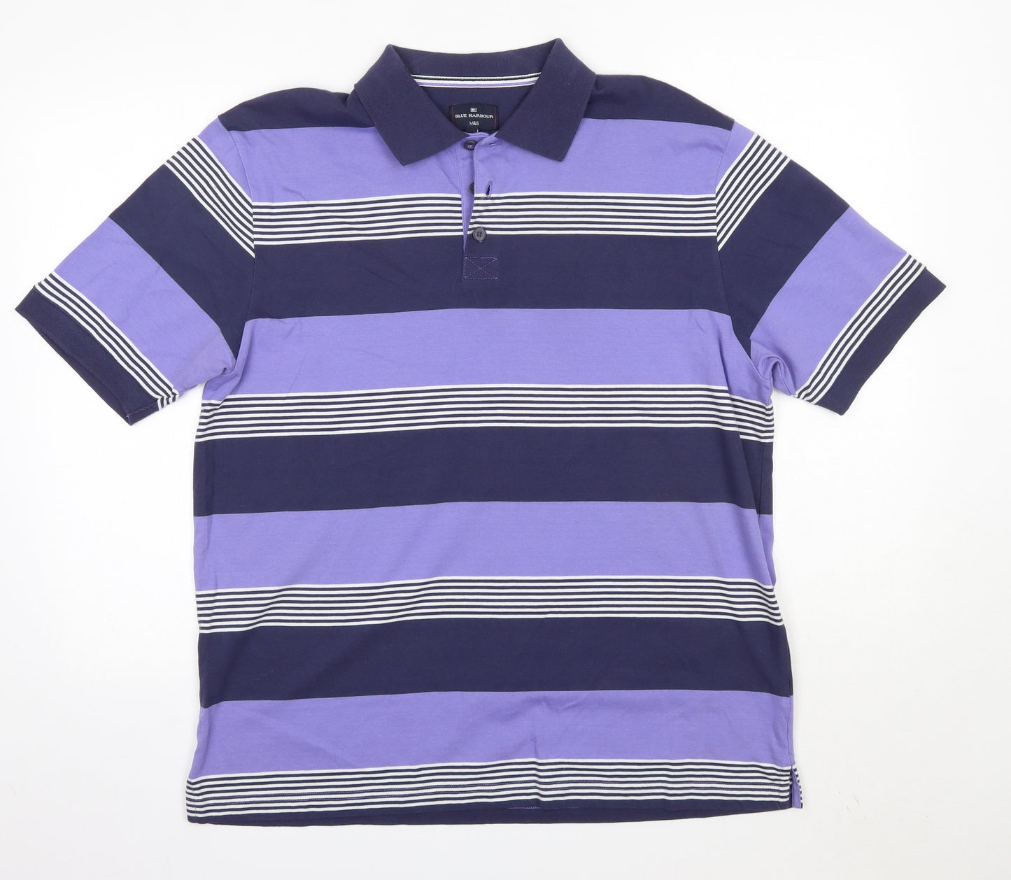 M&S Mens Purple Striped 100% Cotton  Polo Size M Collared