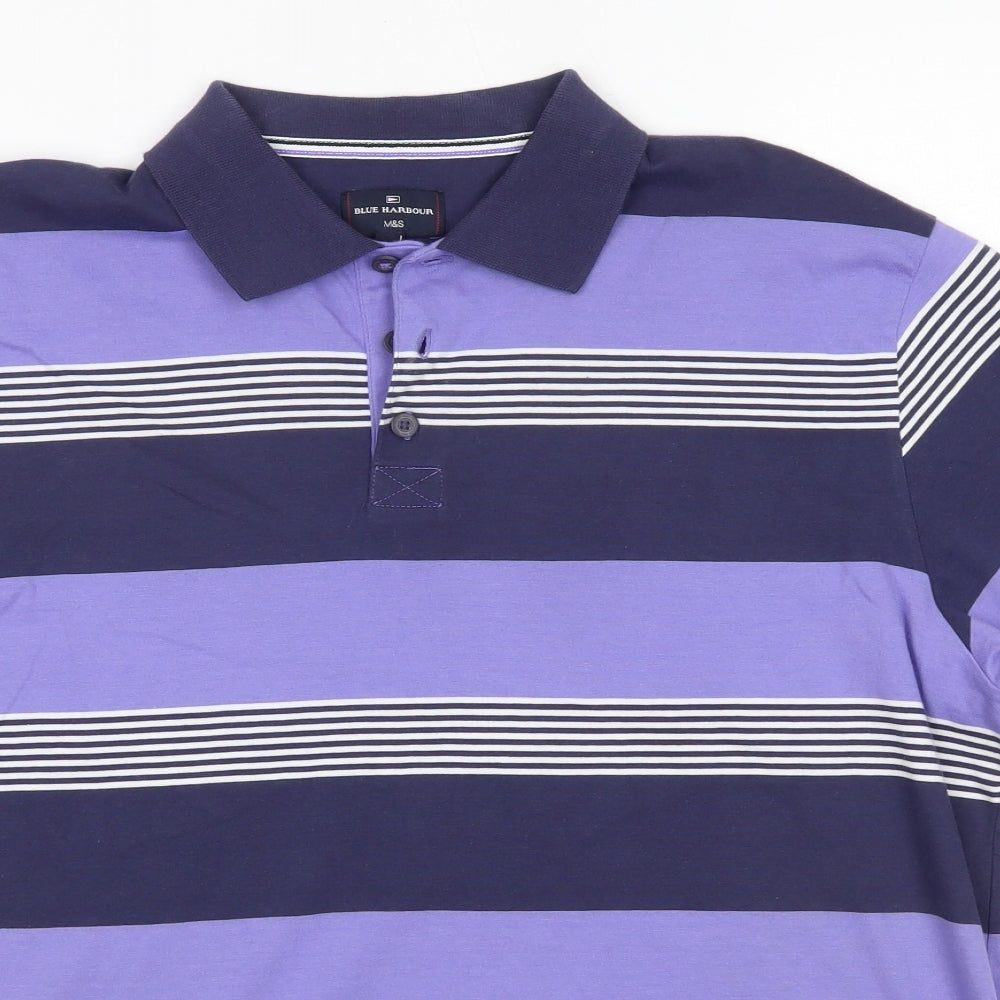 M&S Mens Purple Striped 100% Cotton  Polo Size M Collared