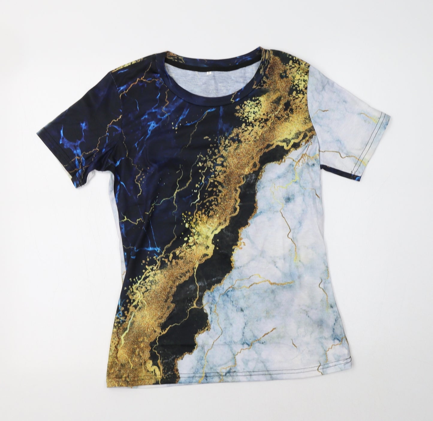 Preworn Womens Blue Geometric Polyester Basic T-Shirt Size S Crew Neck