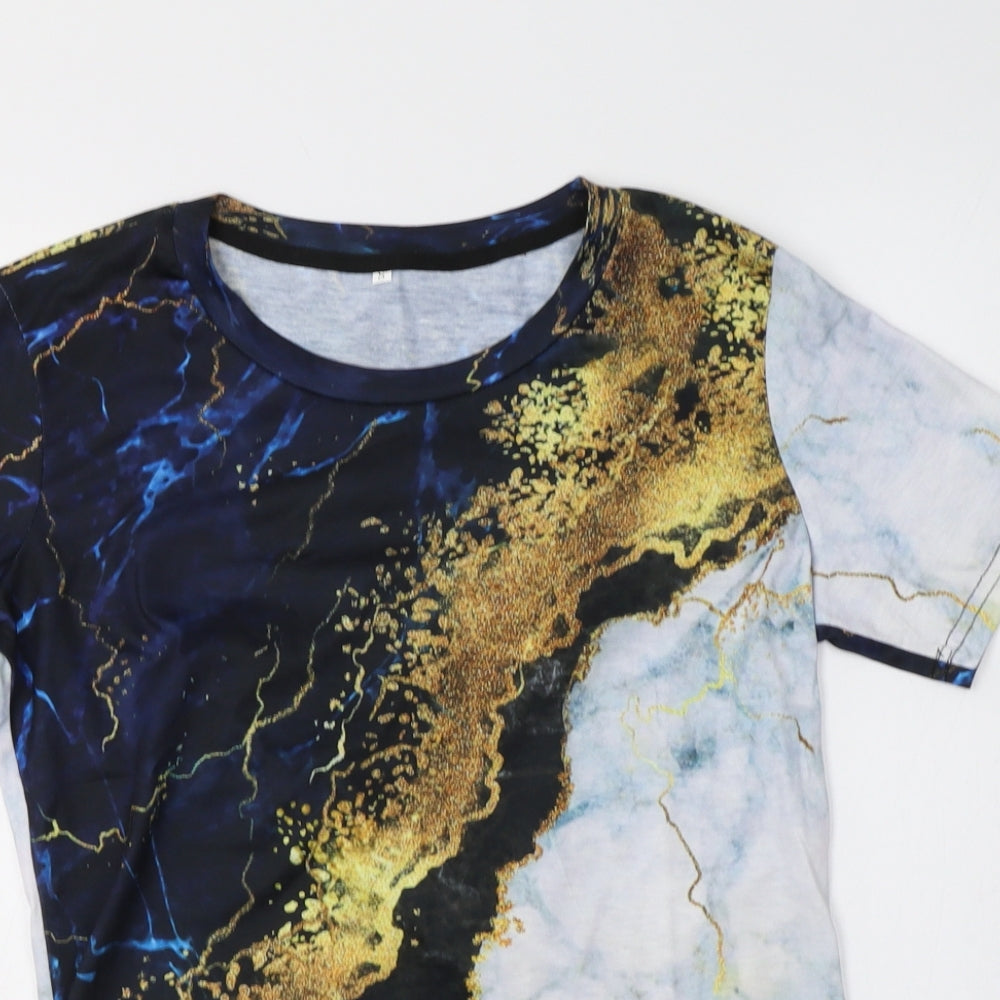 Preworn Womens Blue Geometric Polyester Basic T-Shirt Size S Crew Neck
