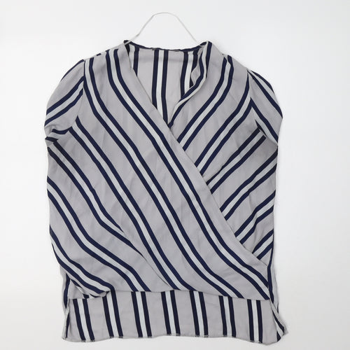 Primark Womens Grey Striped Polyester Basic Blouse Size 12 V-Neck