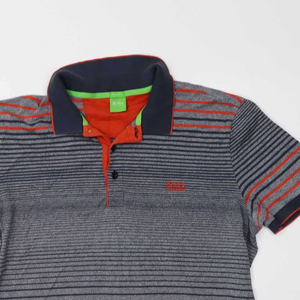 HUGO BOSS Mens Blue Striped Cotton  Polo Size XL Collared