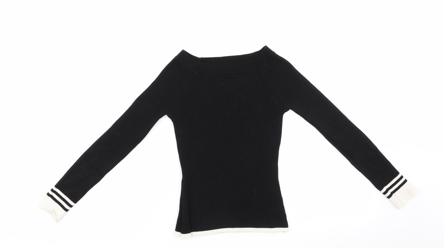 River Island Womens Black Boat Neck  Viscose Pullover Jumper Size 8   - Skinny Rib Style White Hem & Cuffs
