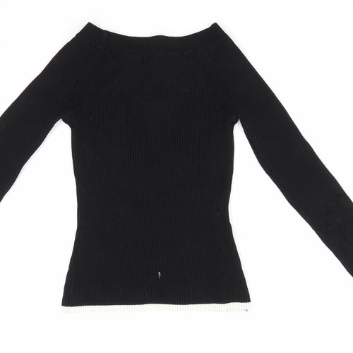 River Island Womens Black Boat Neck  Viscose Pullover Jumper Size 8   - Skinny Rib Style White Hem & Cuffs