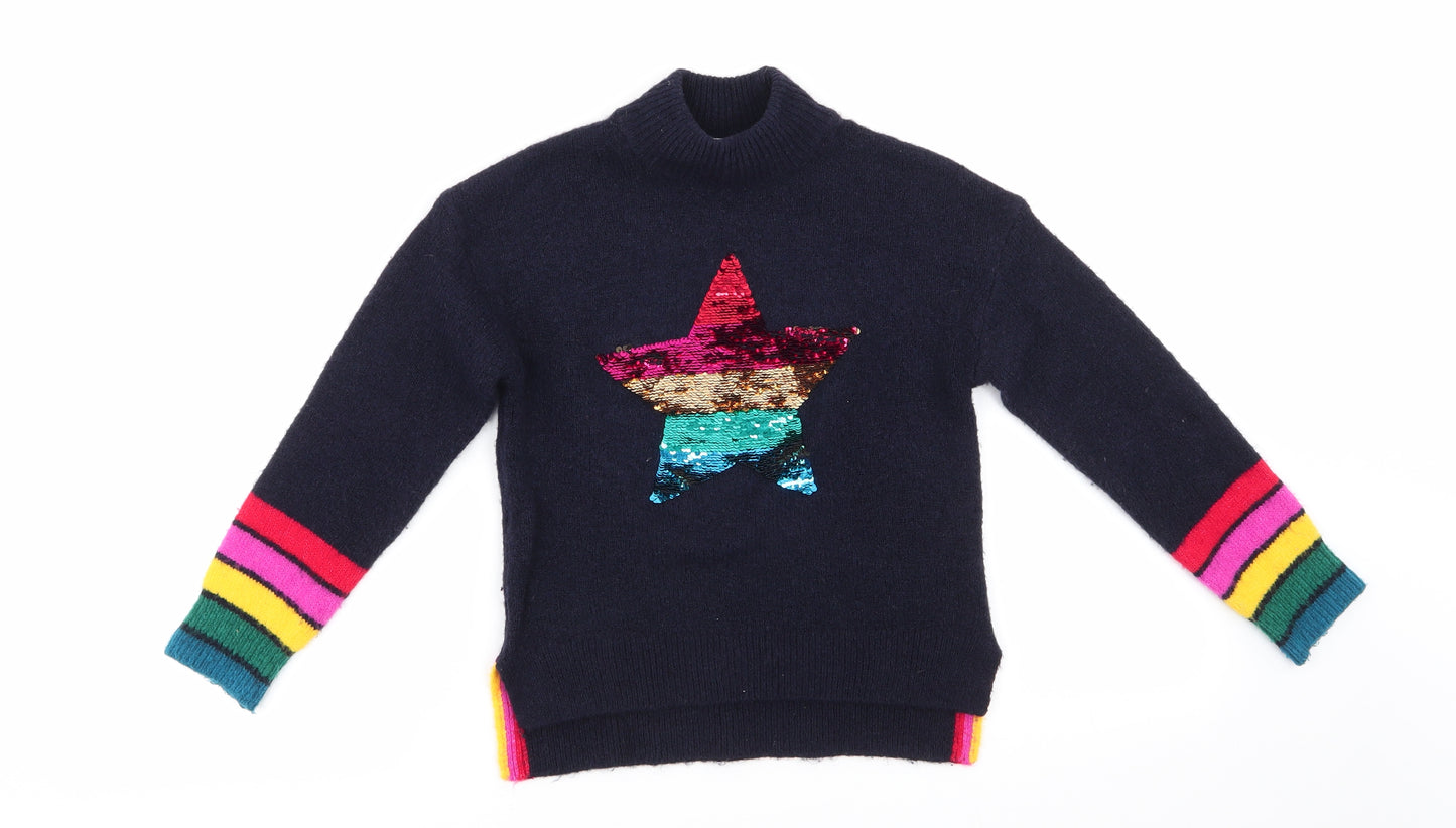NEXT Girls Blue Round Neck  Acrylic Pullover Jumper Size 7 Years   - Sequinned Star Red Pink Yellow Green Blue Stripe to cuffs
