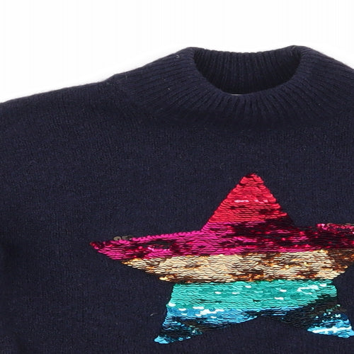 NEXT Girls Blue Round Neck  Acrylic Pullover Jumper Size 7 Years   - Sequinned Star Red Pink Yellow Green Blue Stripe to cuffs