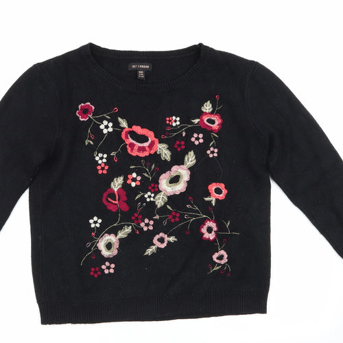 QED London Womens Black Round Neck Floral Viscose Pullover Jumper Size M   - Orange Red Ivory Pink