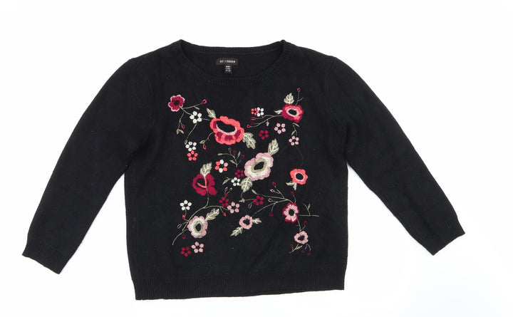 QED London Womens Black Round Neck Floral Viscose Pullover Jumper Size M   - Orange Red Ivory Pink