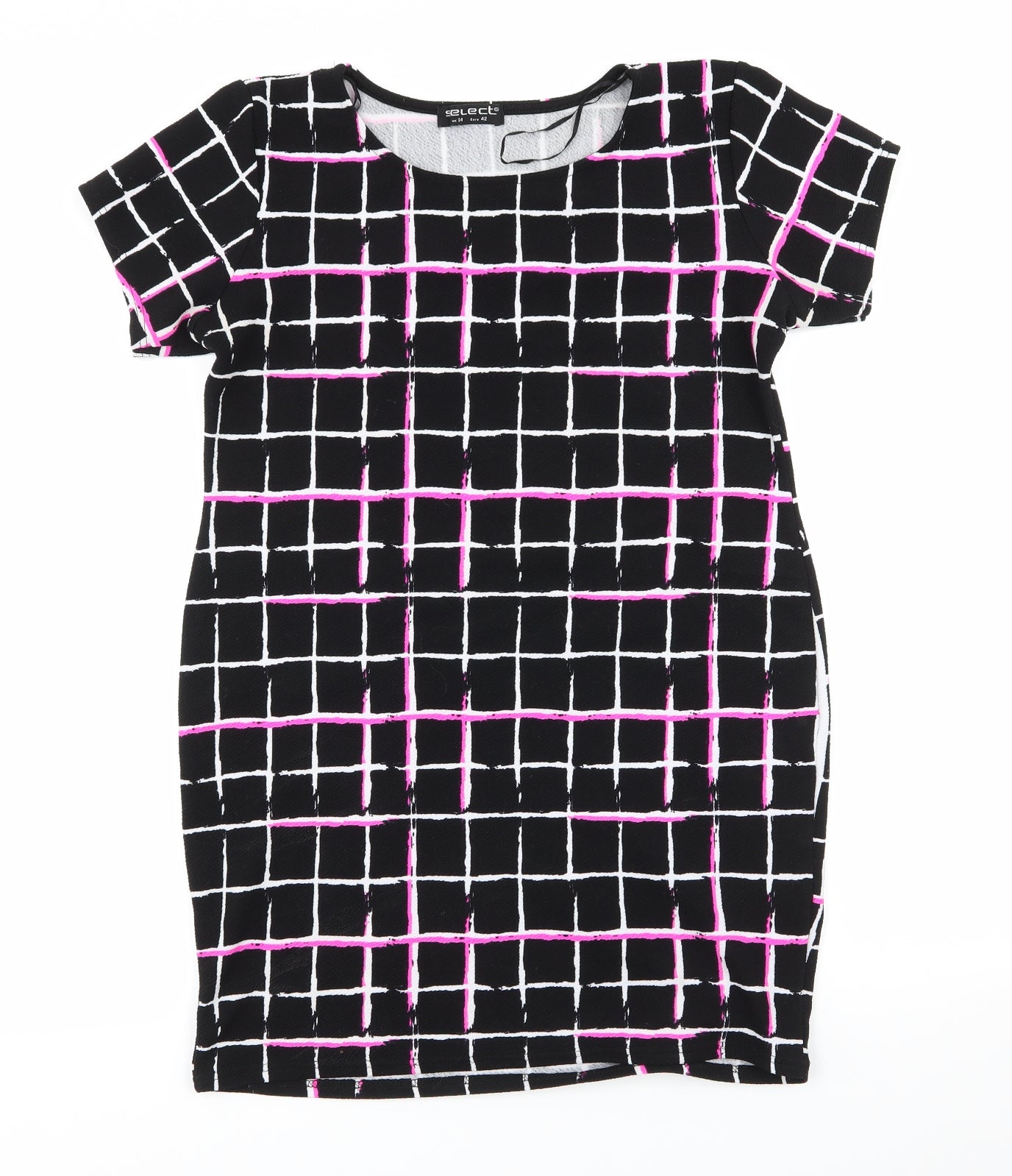 Select Womens Black Check Polyester Bodycon  Size 14  Round Neck  - Florescent Pink Black White