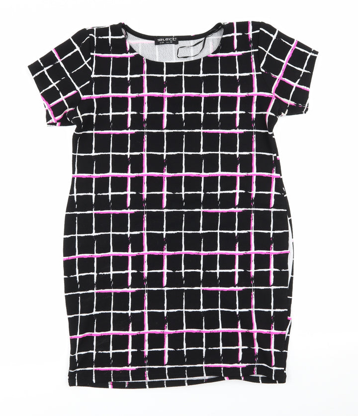 Select Womens Black Check Polyester Bodycon  Size 14  Round Neck  - Florescent Pink Black White