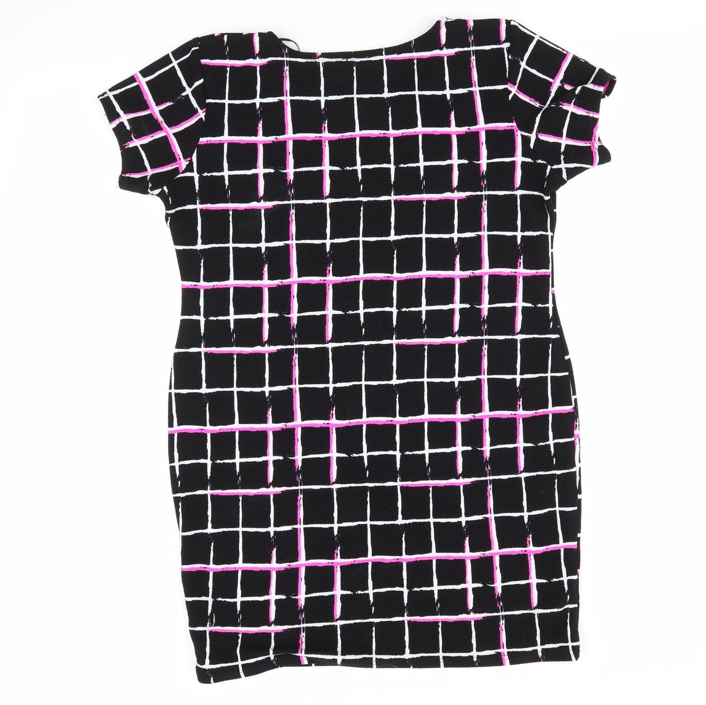 Select Womens Black Check Polyester Bodycon  Size 14  Round Neck  - Florescent Pink Black White