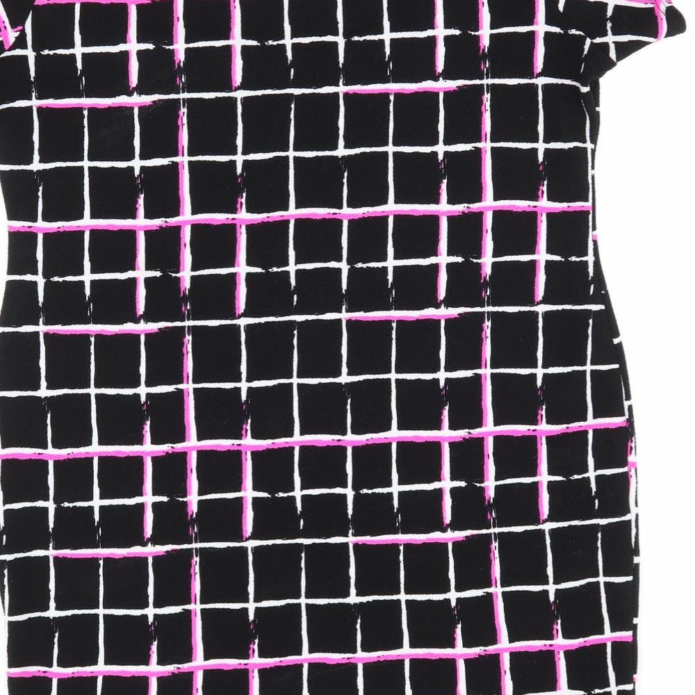 Select Womens Black Check Polyester Bodycon  Size 14  Round Neck  - Florescent Pink Black White