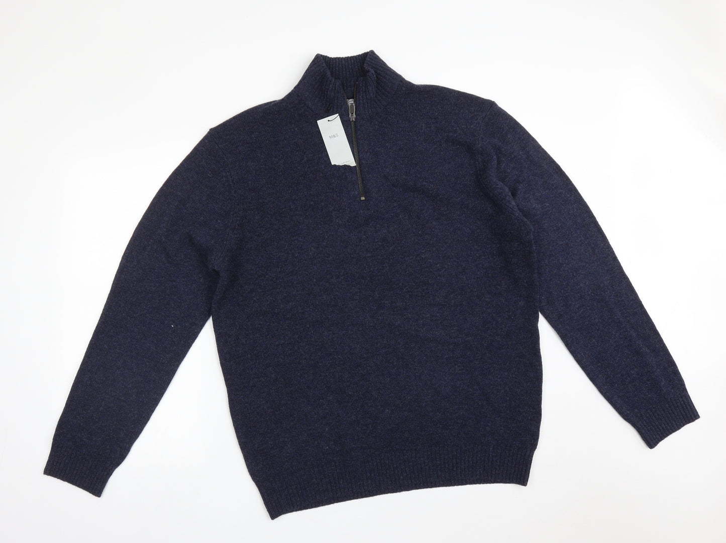 M&S Mens Blue High Neck  Wool Pullover Jumper Size XL