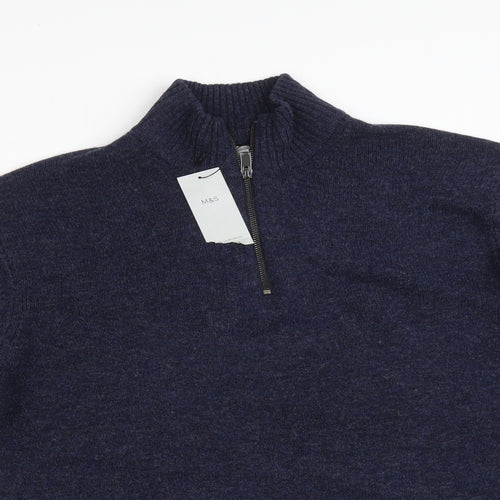 M&S Mens Blue High Neck  Wool Pullover Jumper Size XL