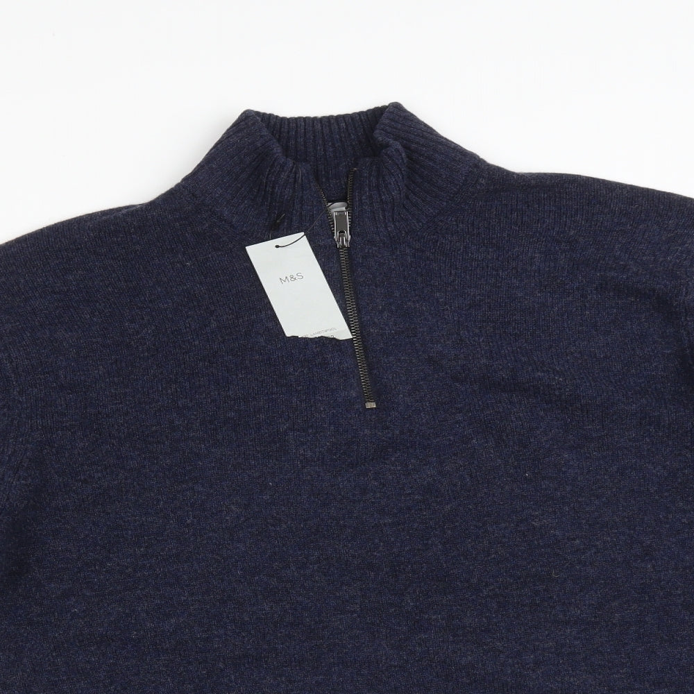 M&S Mens Blue High Neck  Wool Pullover Jumper Size XL