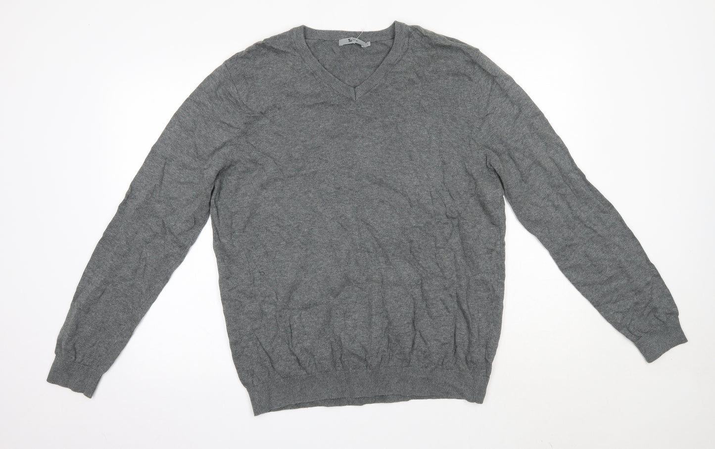 TU Mens Grey V-Neck  Cotton Pullover Jumper Size L