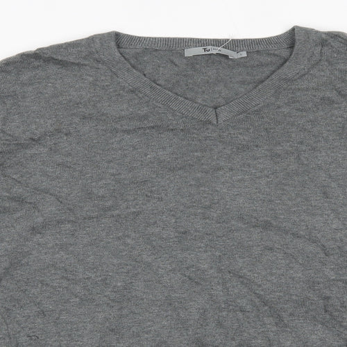 TU Mens Grey V-Neck  Cotton Pullover Jumper Size L