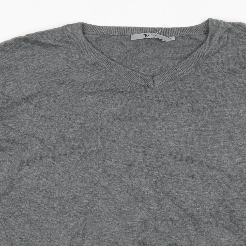 TU Mens Grey V-Neck  Cotton Pullover Jumper Size L