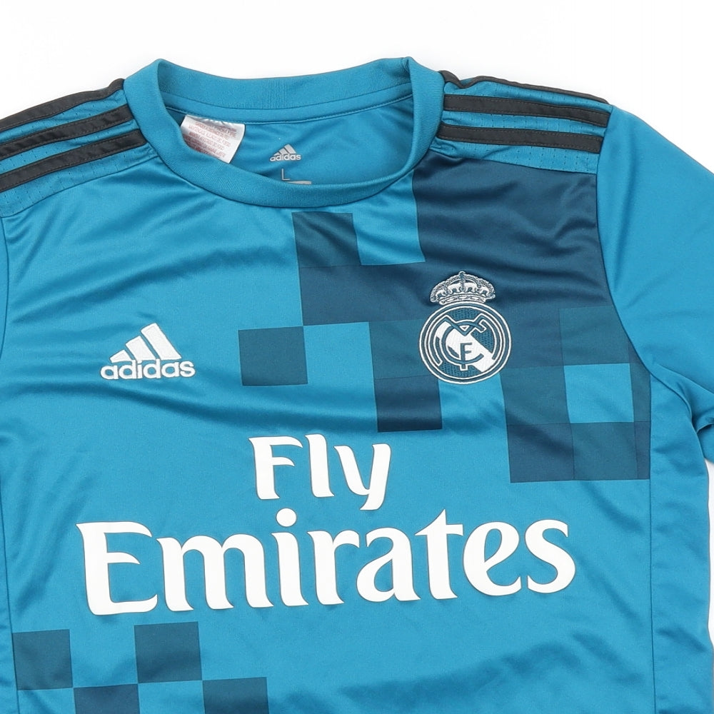 adidas Boys Blue  Polyester Basic T-Shirt Size 13-14 Years Round Neck  - Football