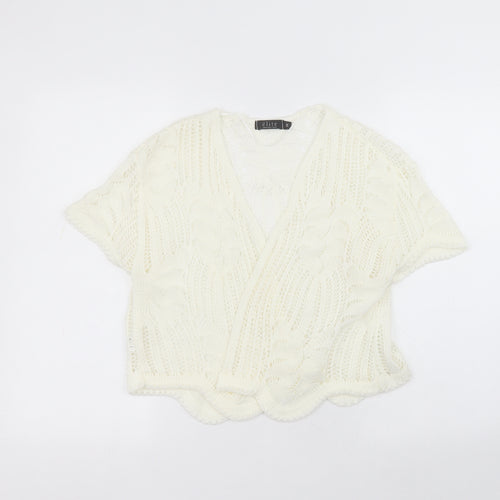 elite Womens White V-Neck  Acrylic Cardigan Jumper Size M