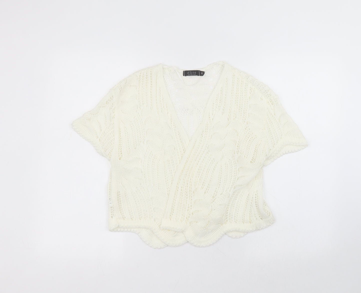 elite Womens White V-Neck  Acrylic Cardigan Jumper Size M