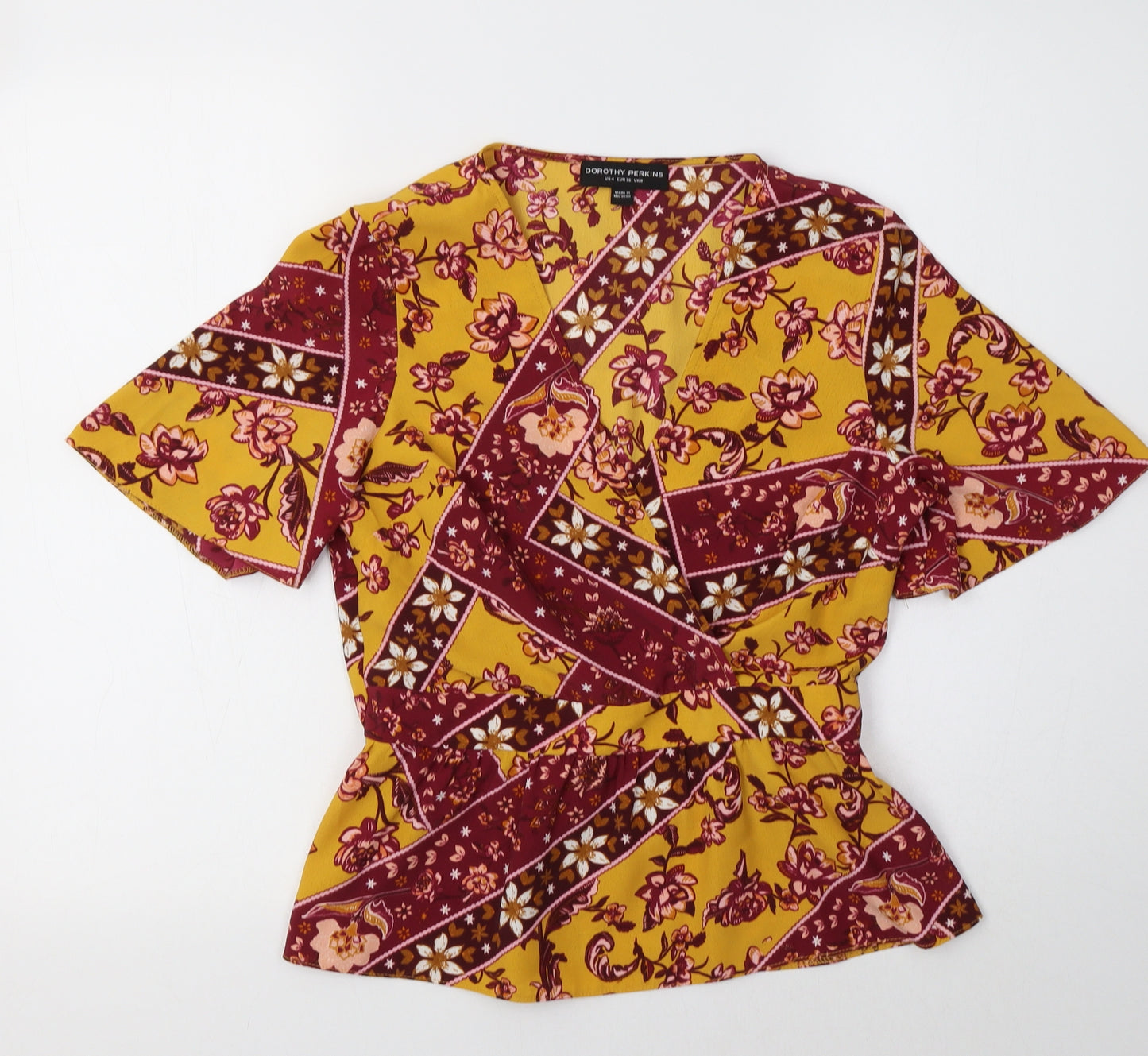 Dorothy Perkins Womens Yellow Floral Polyester Basic Blouse Size 8 V-Neck