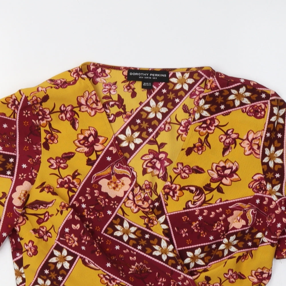Dorothy Perkins Womens Yellow Floral Polyester Basic Blouse Size 8 V-Neck