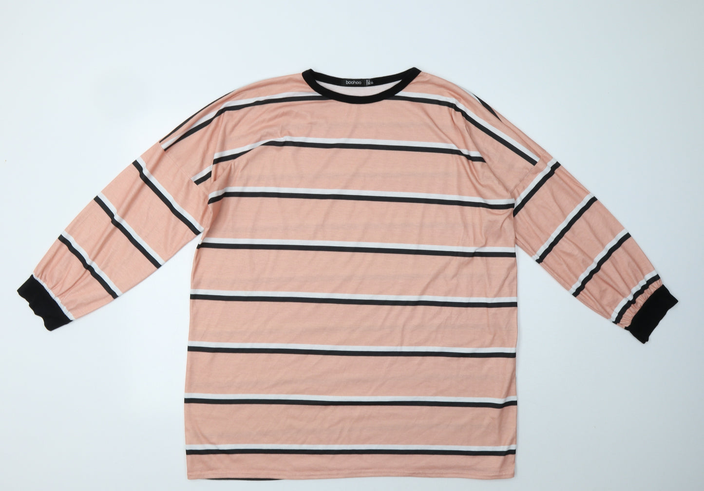 Boohoo Womens Pink Striped Polyester Basic Blouse Size 14 Crew Neck
