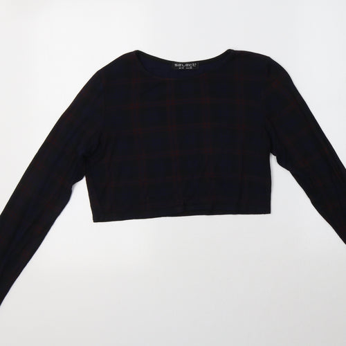 Select Womens Black Check Viscose Cropped T-Shirt Size 12 Crew Neck