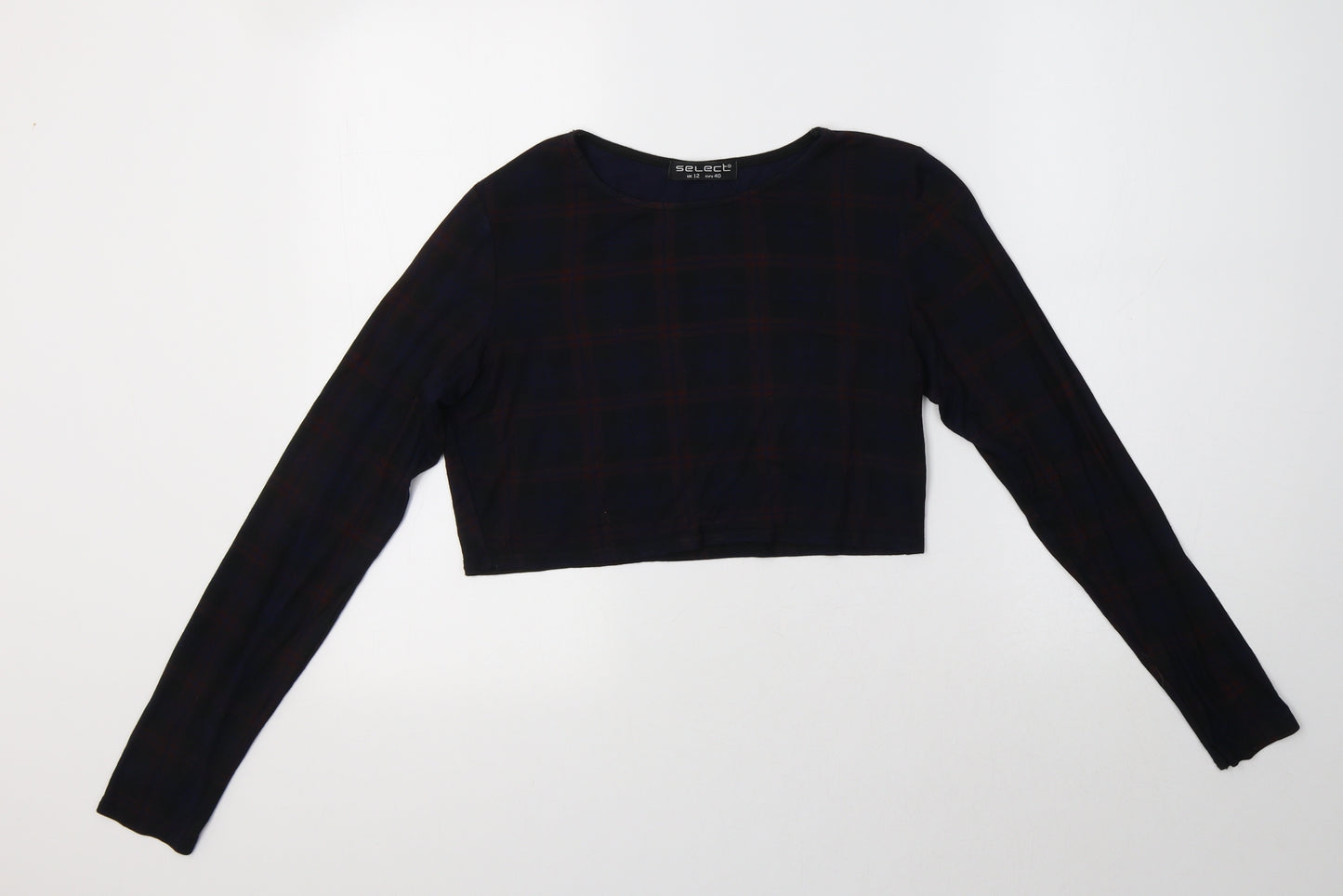 Select Womens Black Check Viscose Cropped T-Shirt Size 12 Crew Neck