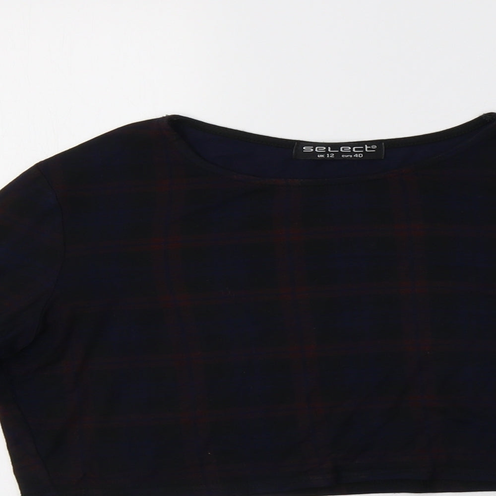 Select Womens Black Check Viscose Cropped T-Shirt Size 12 Crew Neck