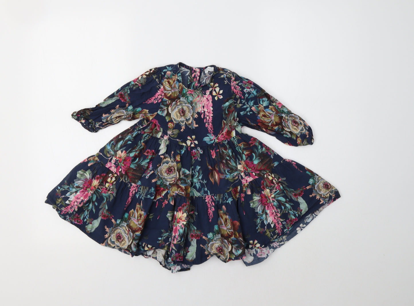 NEXT Girls Blue Floral Cotton Fit & Flare  Size 2-3 Years  Crew Neck