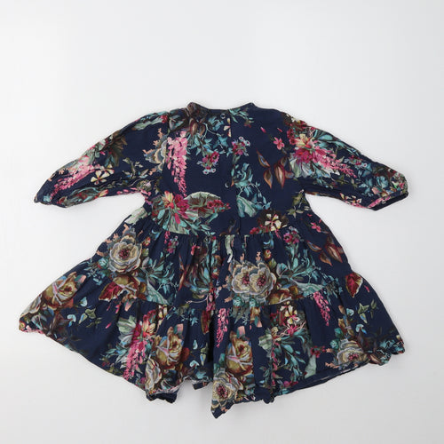 NEXT Girls Blue Floral Cotton Fit & Flare  Size 2-3 Years  Crew Neck