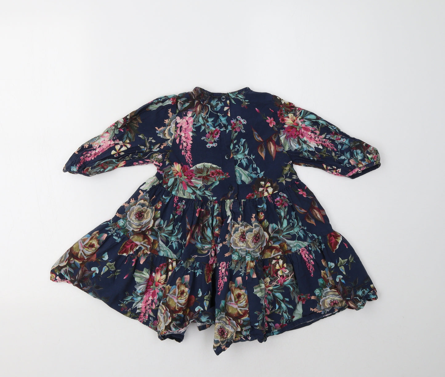 NEXT Girls Blue Floral Cotton Fit & Flare  Size 2-3 Years  Crew Neck