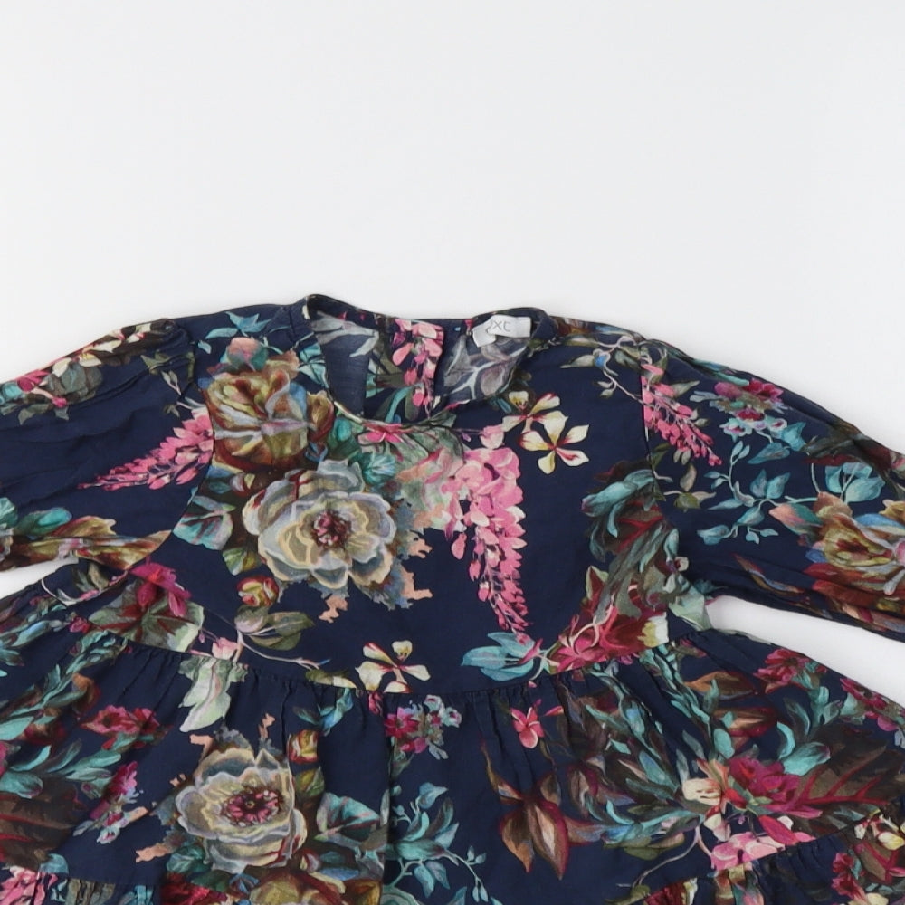 NEXT Girls Blue Floral Cotton Fit & Flare  Size 2-3 Years  Crew Neck