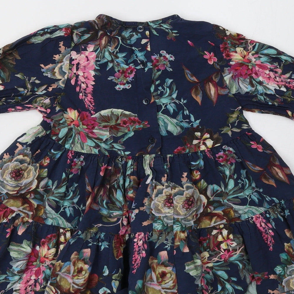 NEXT Girls Blue Floral Cotton Fit & Flare  Size 2-3 Years  Crew Neck