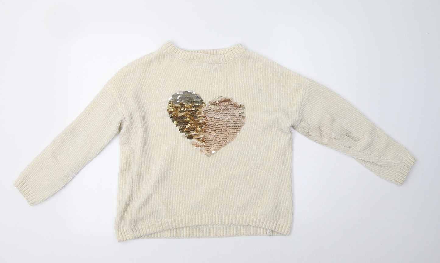 Primark Girls Beige Crew Neck  Polyester Pullover Jumper Size 14-15 Years   - Heart