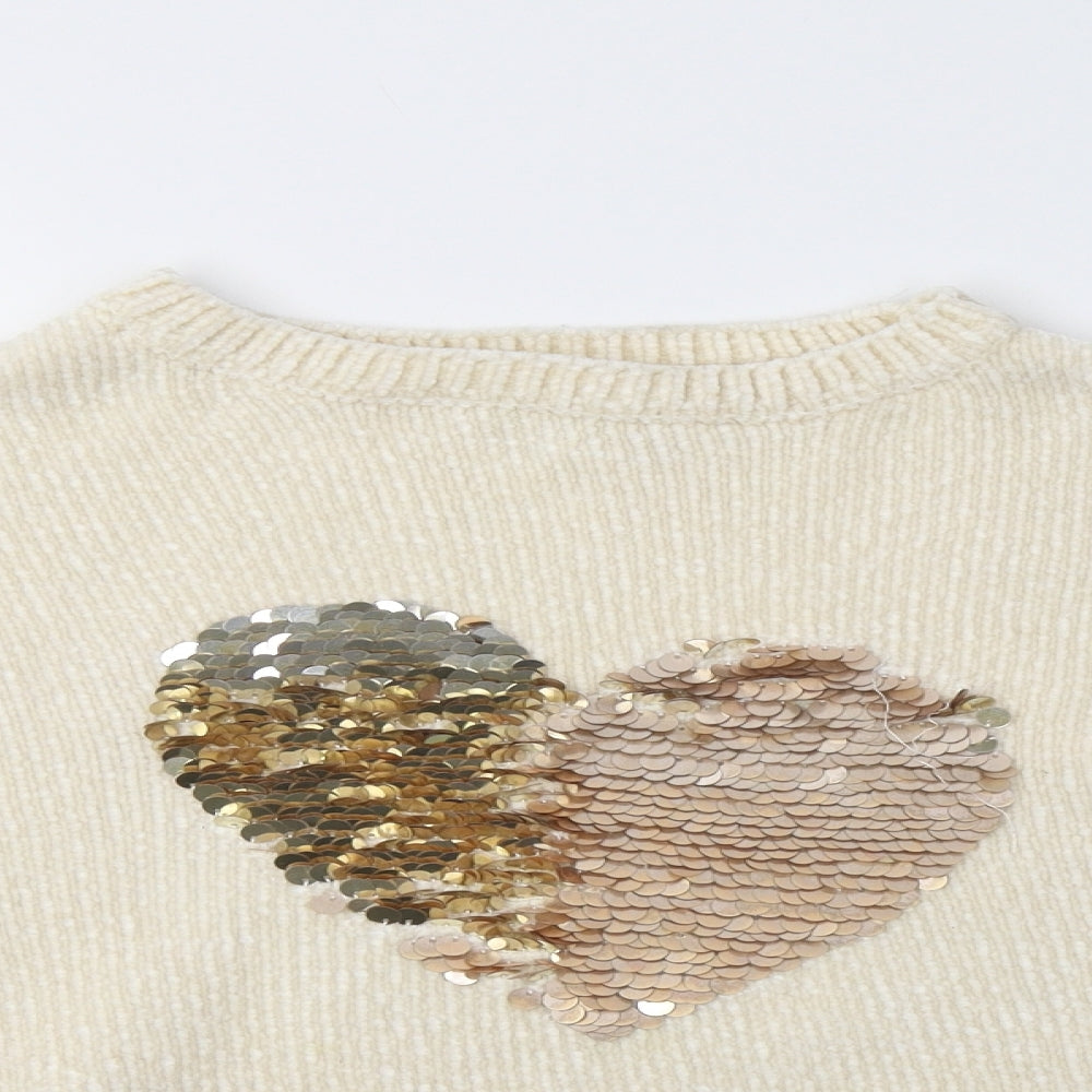 Primark Girls Beige Crew Neck  Polyester Pullover Jumper Size 14-15 Years   - Heart