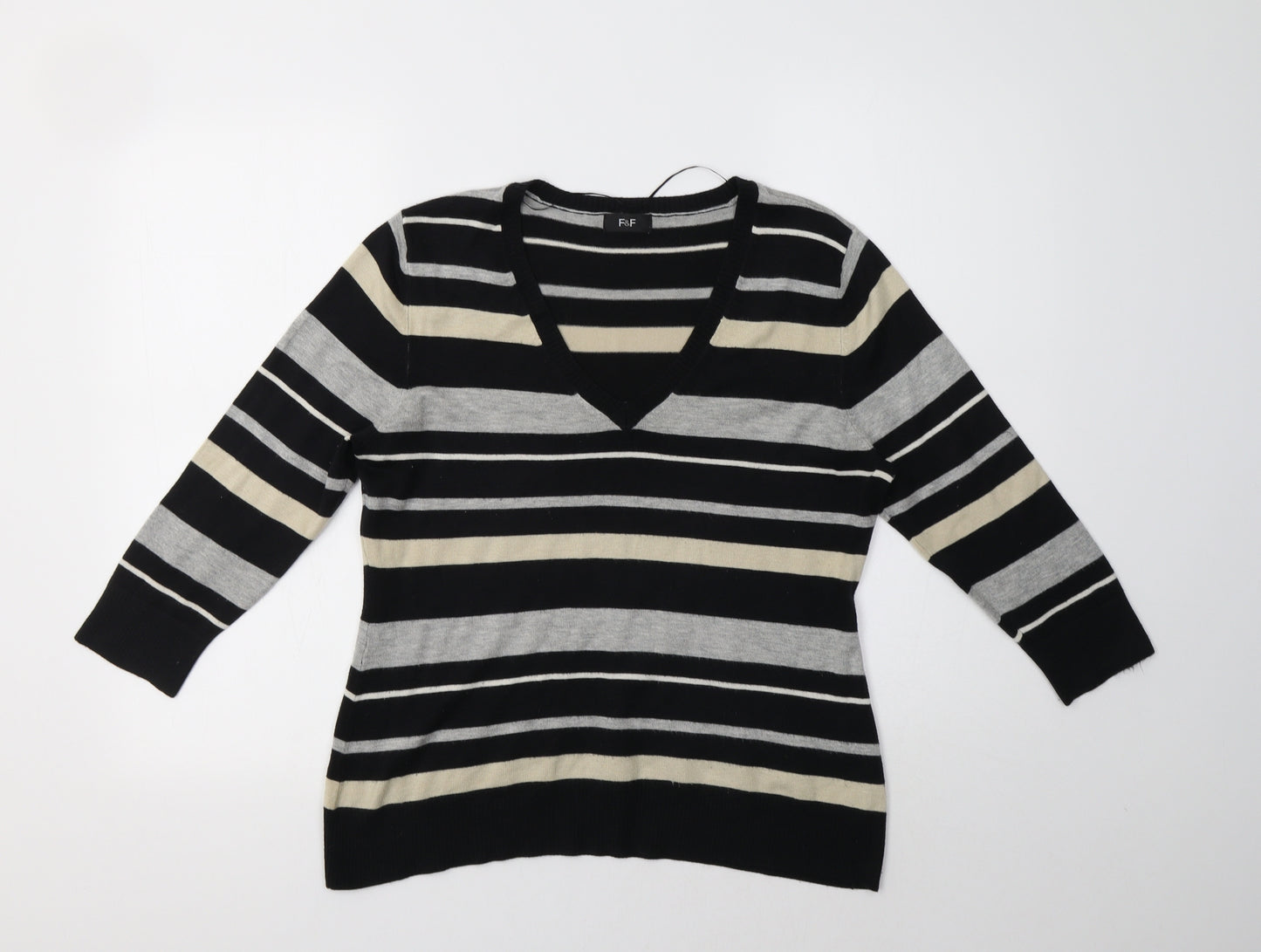 F&F Womens Black V-Neck Striped Acrylic Pullover Jumper Size 16