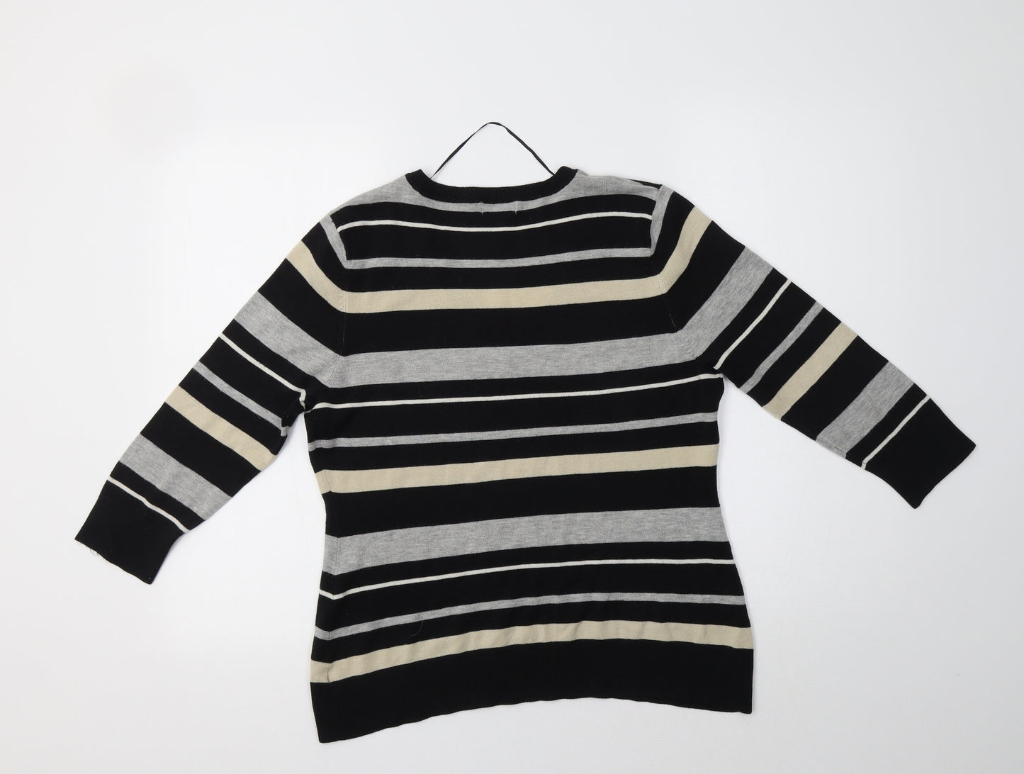 F&F Womens Black V-Neck Striped Acrylic Pullover Jumper Size 16