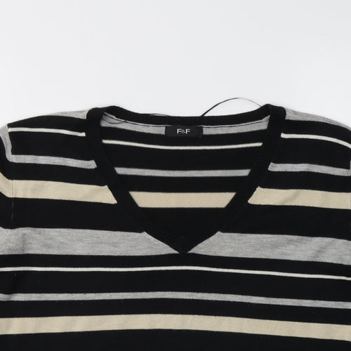 F&F Womens Black V-Neck Striped Acrylic Pullover Jumper Size 16