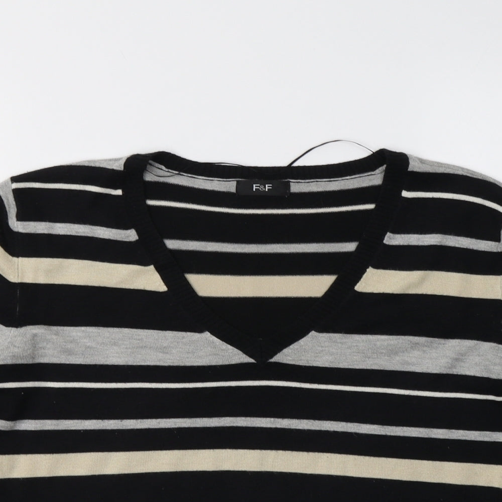 F&F Womens Black V-Neck Striped Acrylic Pullover Jumper Size 16