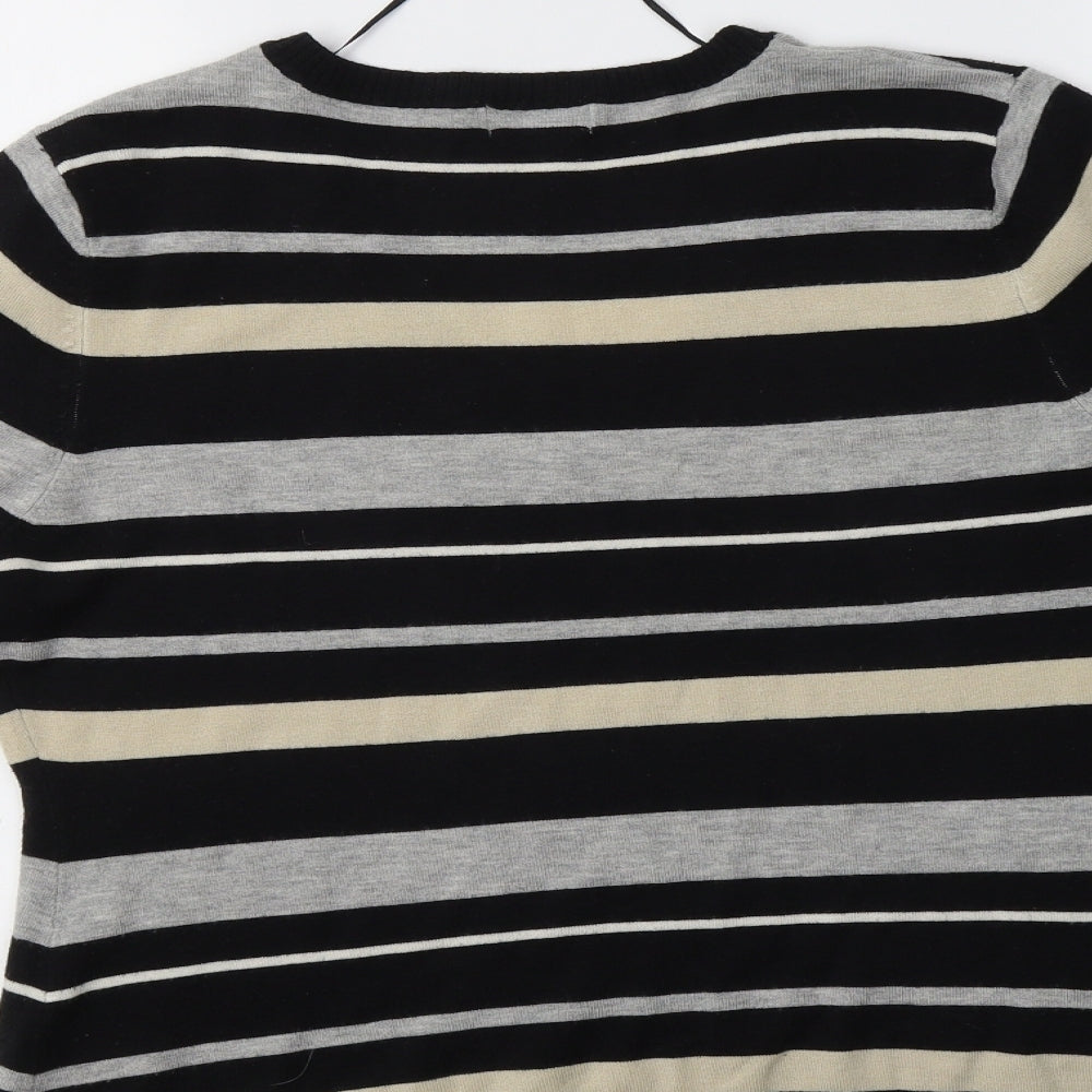 F&F Womens Black V-Neck Striped Acrylic Pullover Jumper Size 16