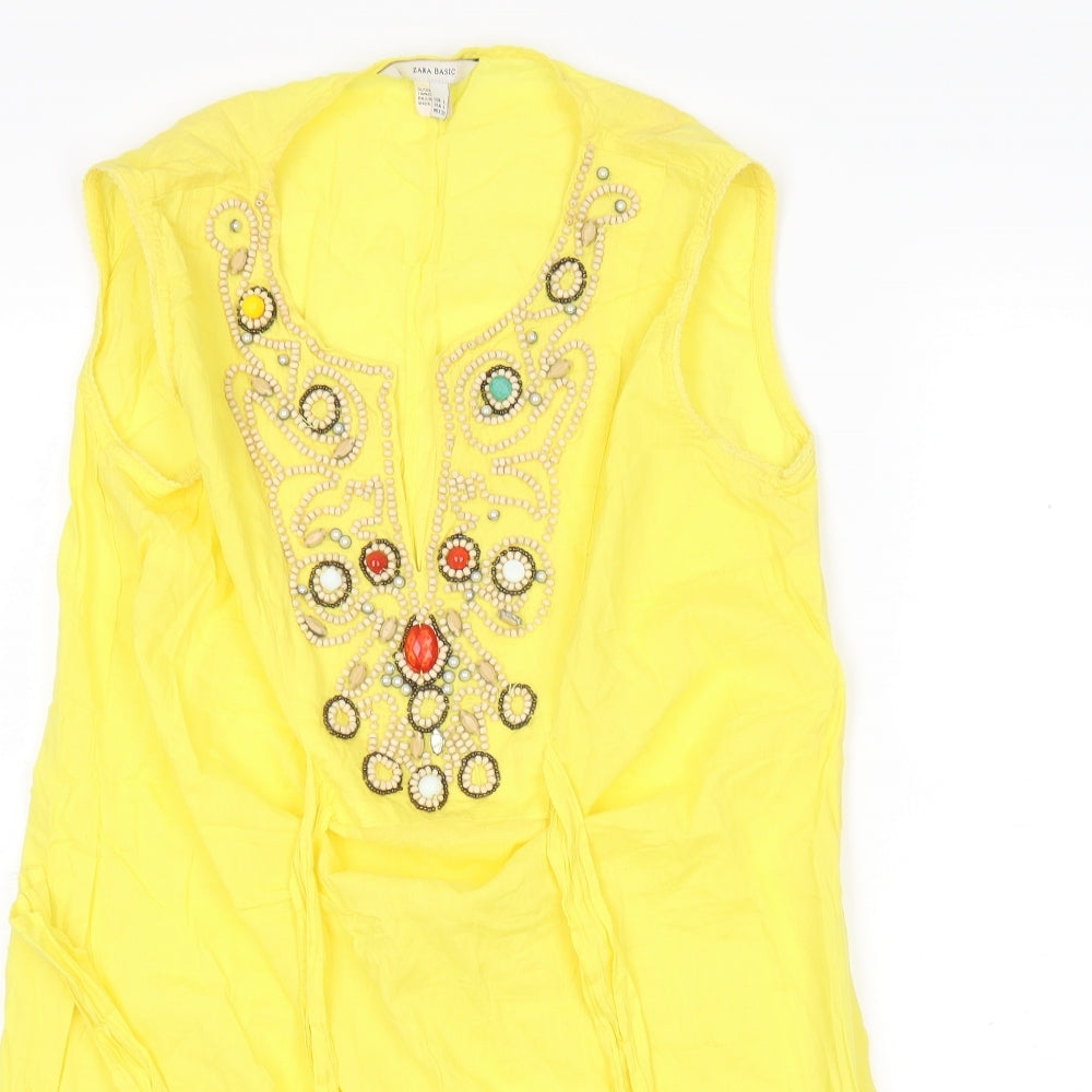 Zara Womens Yellow  Cotton Basic Blouse Size L V-Neck