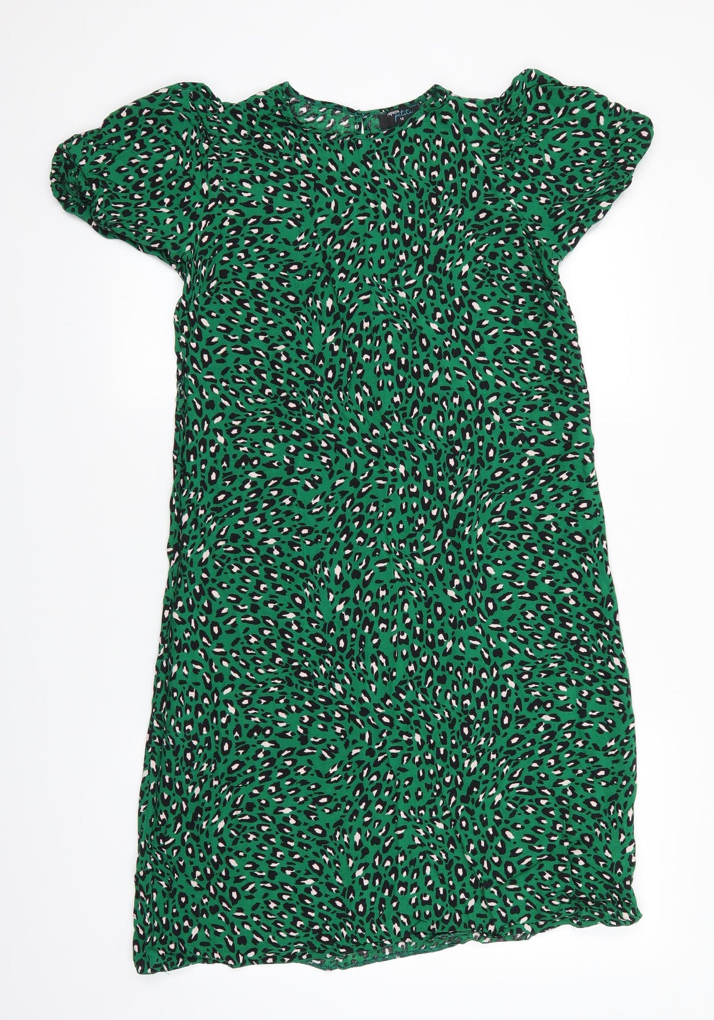 Papaya Womens Green Animal Print Viscose A-Line  Size 10  Round Neck  - Green Black Ivory Elasticed sleeves